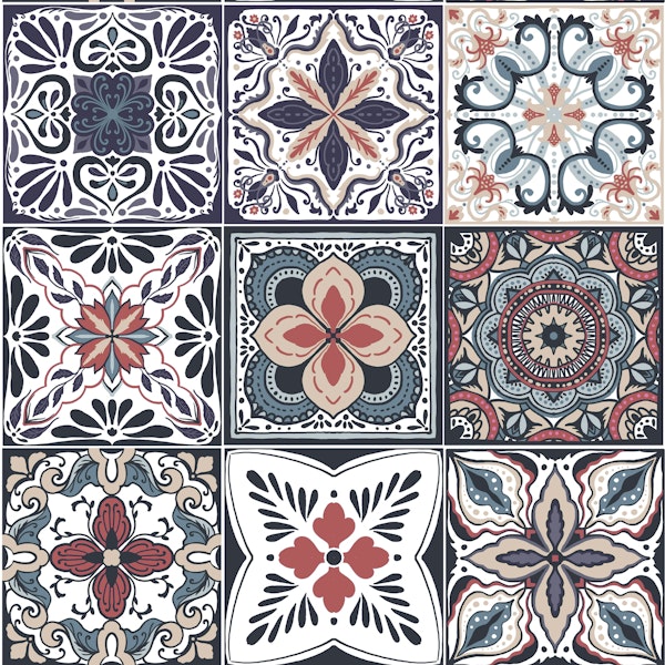 Talavera tiles in muted red and blue