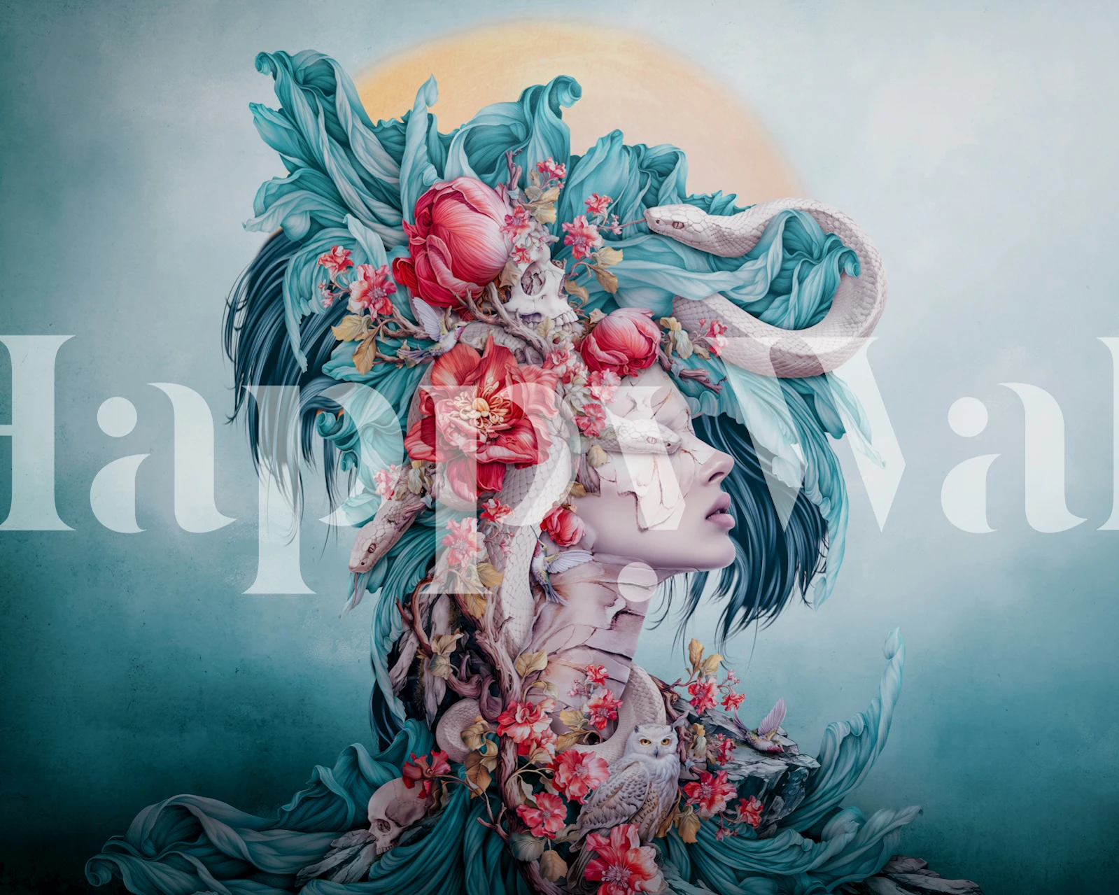 Colorful woman with flowers and snakes, turquoise tones, surreal wallpaper