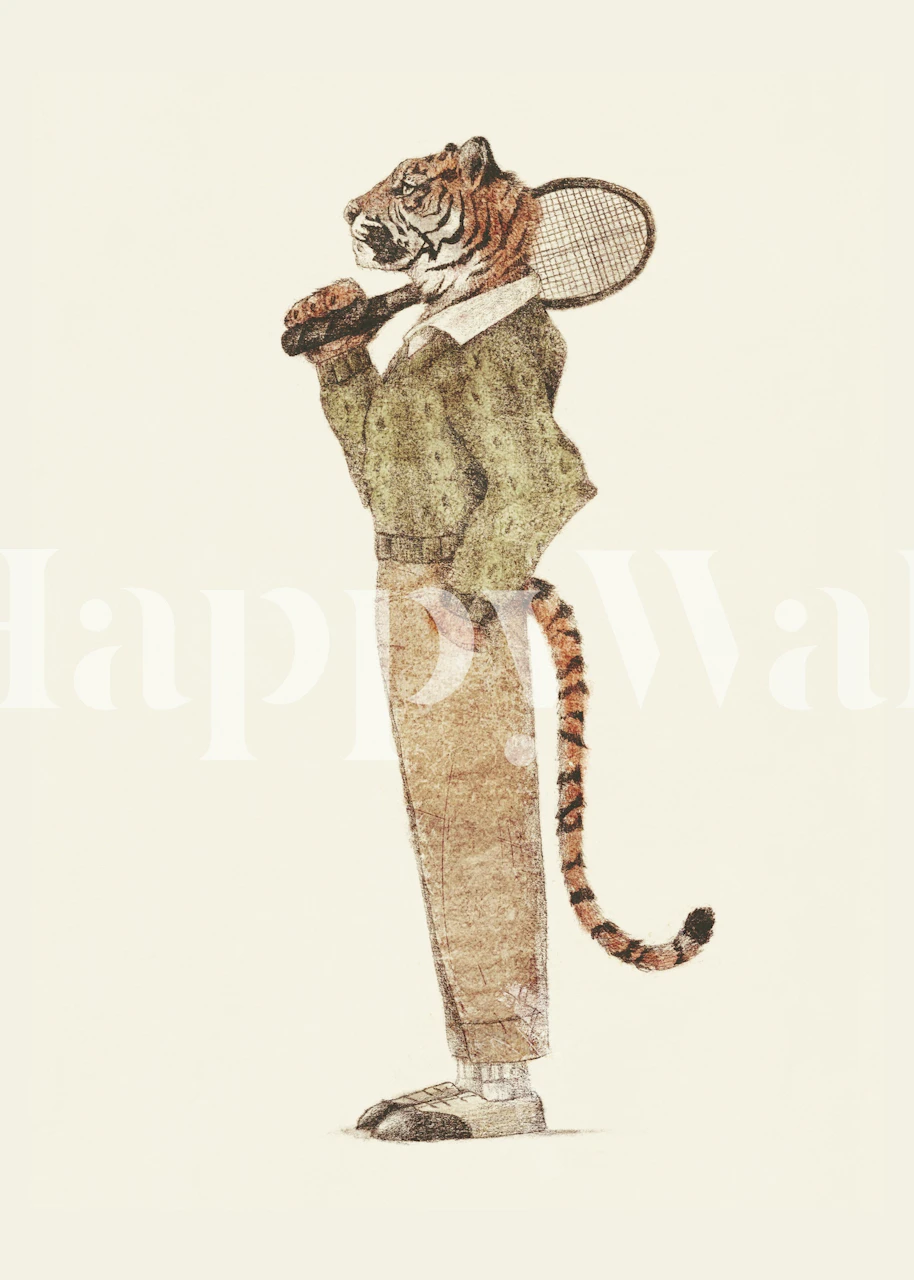 Tiger with tennis racket wallpaper design