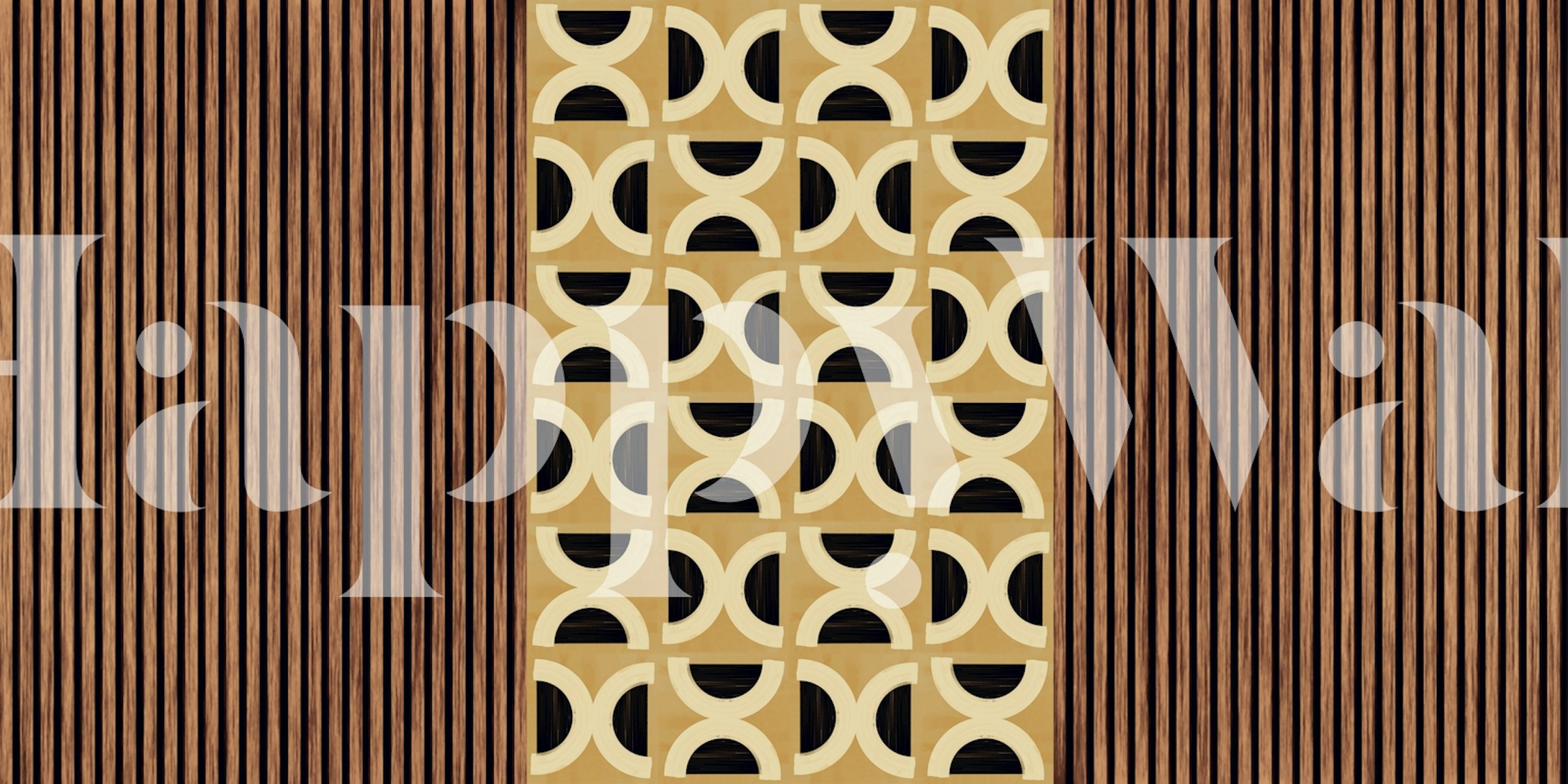 Geometric patterned wallpaper in gold and black tones with a wood-textured background.