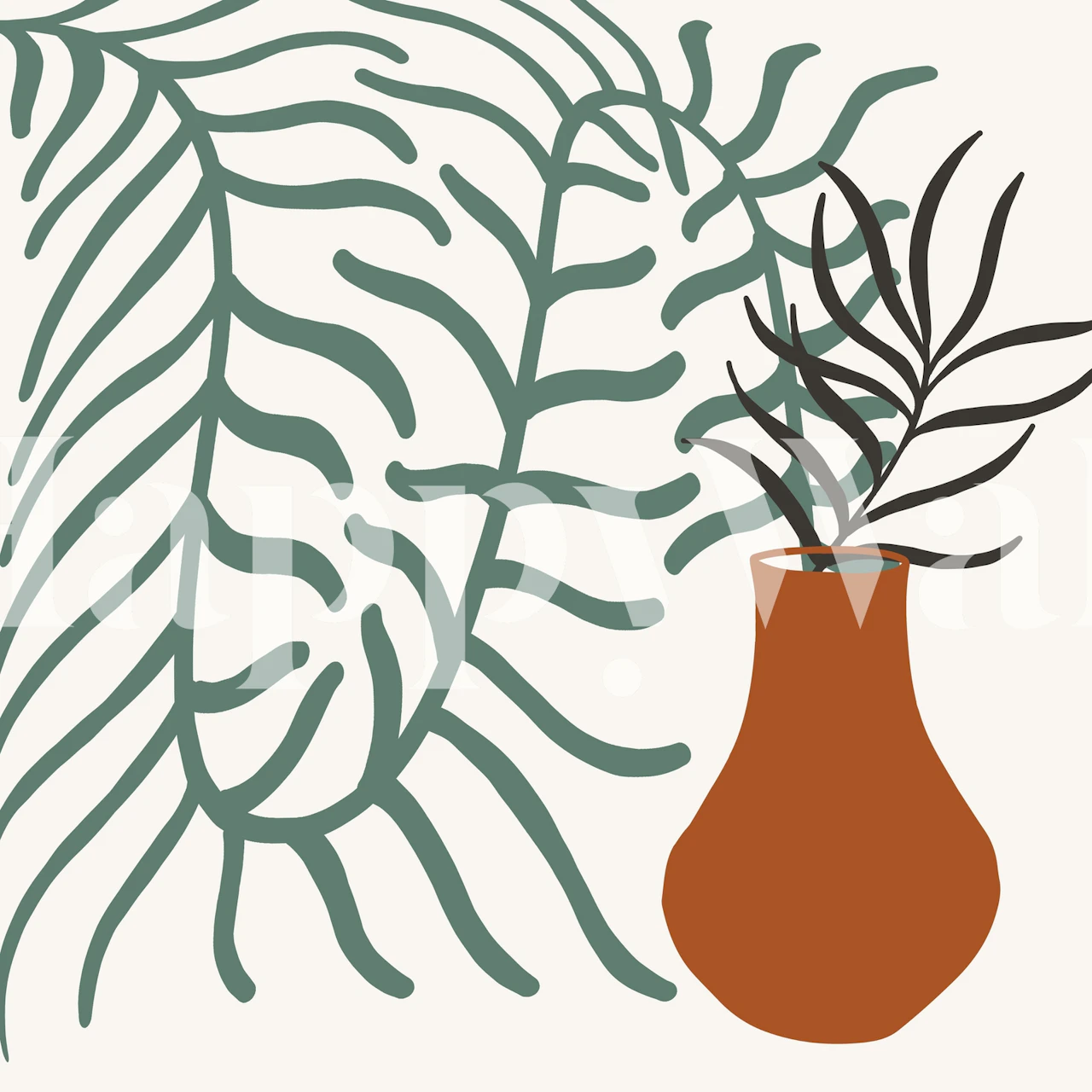 Brown vase with foliage against a textured cream background wallpaper