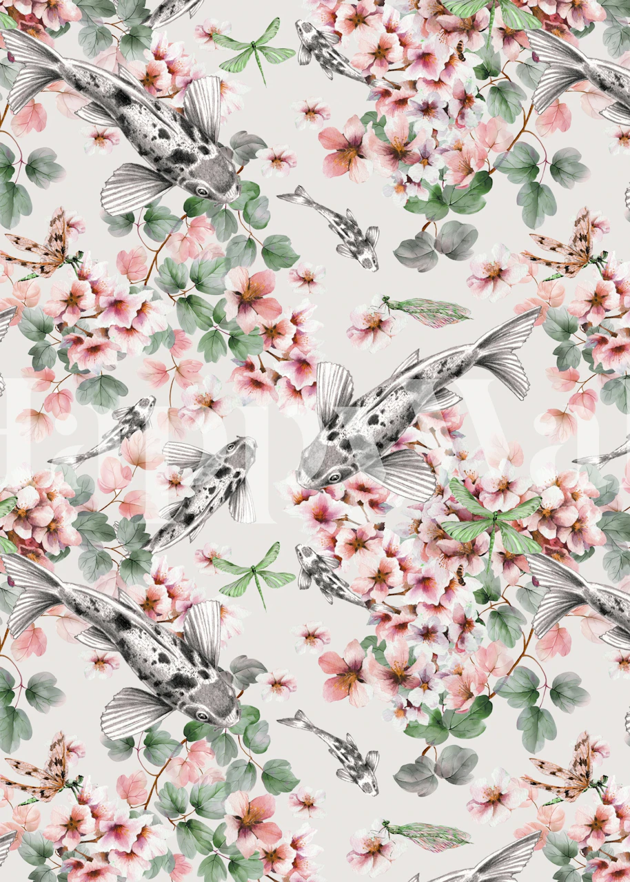 Papel de parede Elegant Koi Dance em um quarto
