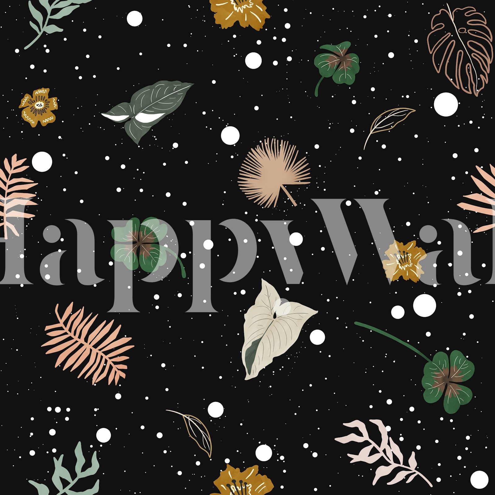 Black Floral Wallpaper with Tropical Leaves