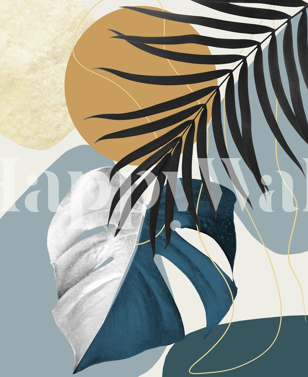 Monstera leaves and abstract shapes in soft blue and gold wallpaper