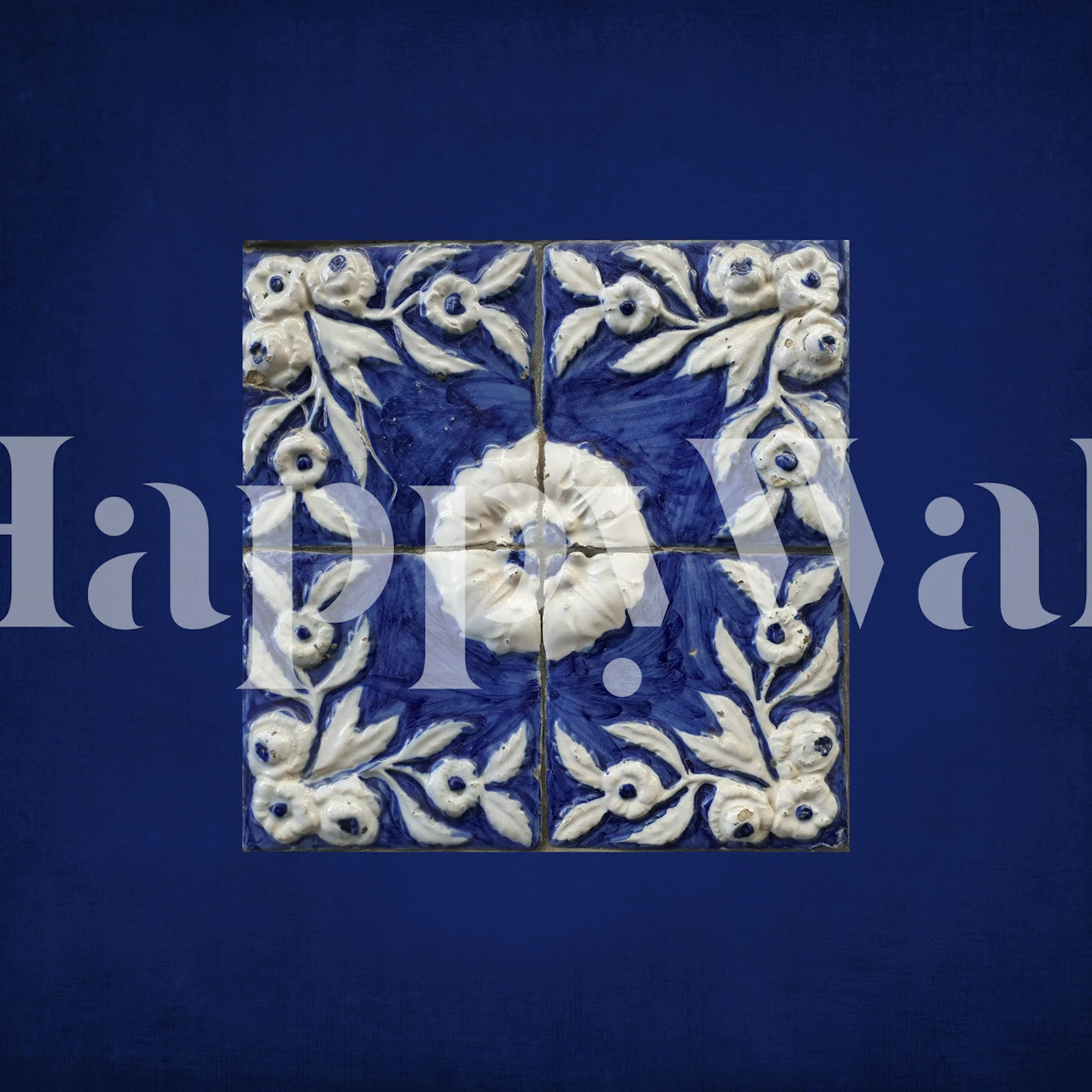 Antique blue tile wallpaper in a room