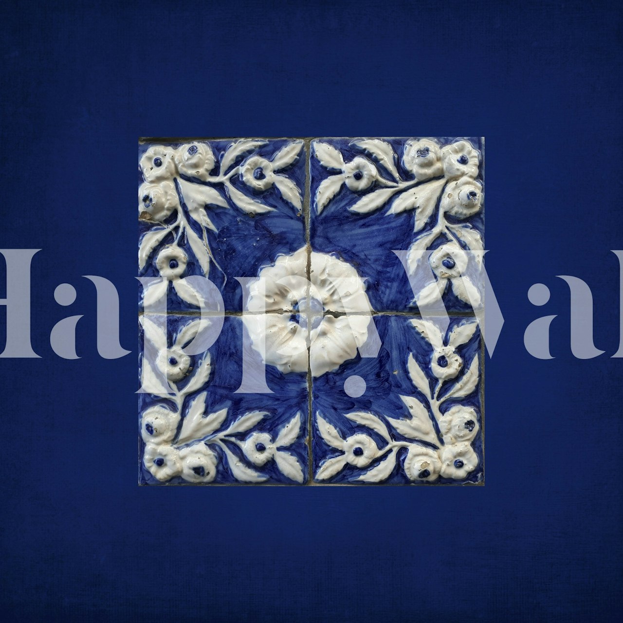 Antique blue tile wallpaper in a room