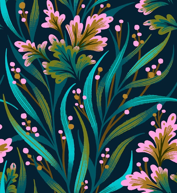 Fronds and Frills - Emerald Green / Pink