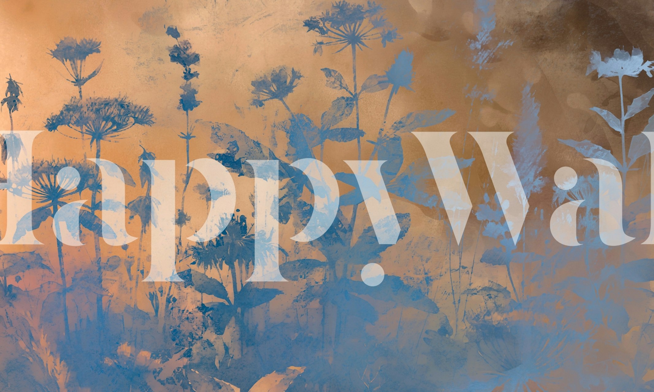 Blue botanical floral silhouettes on a warm beige background wallpaper