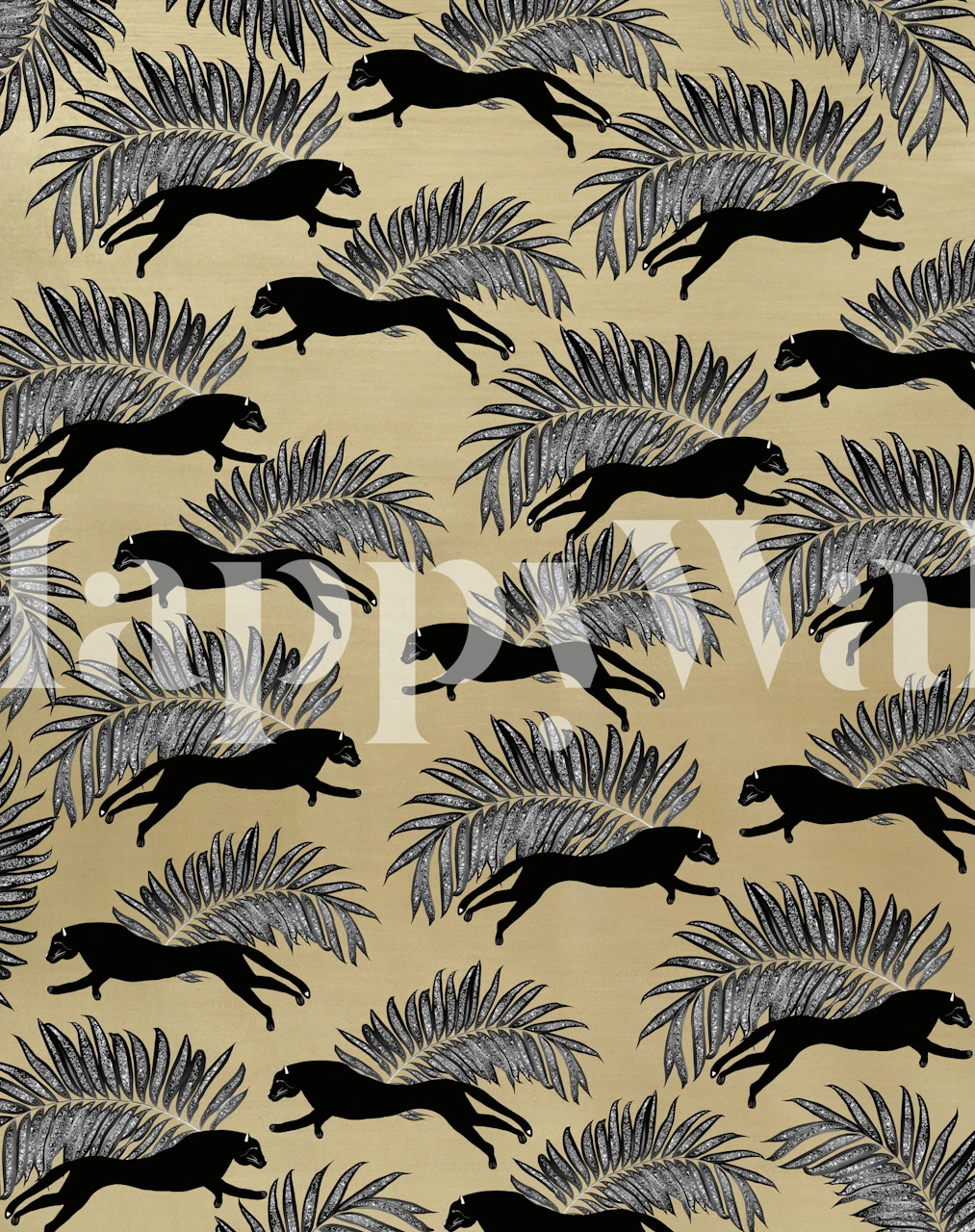 Black panther silhouette and vibrant palm leaves wallpaper