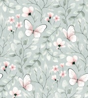 Delicate Butterfly Botanical in Green & Pink tapete