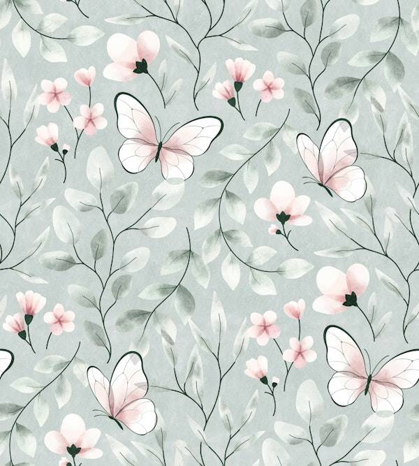 Delicate Butterfly Botanical in Green & Pink