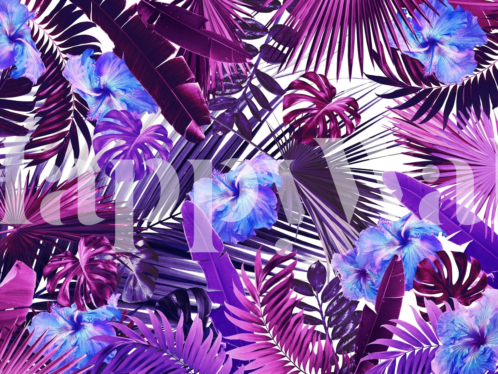 Tropical floral wallpaper with blue hibiscus and purple palm leaves in a lush design.