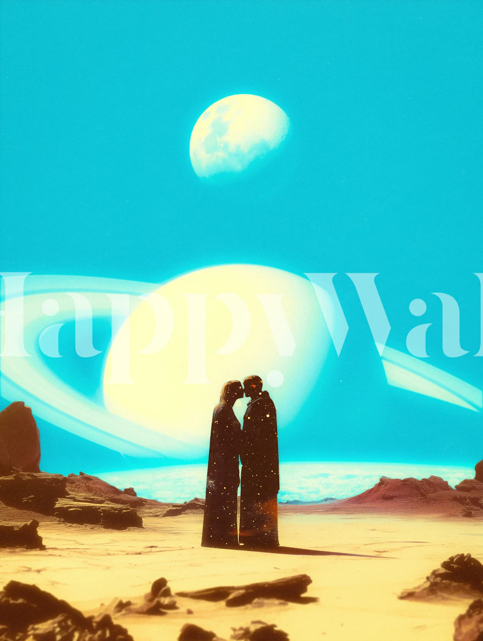 Couple in love on a cosmic landscape wallpaper