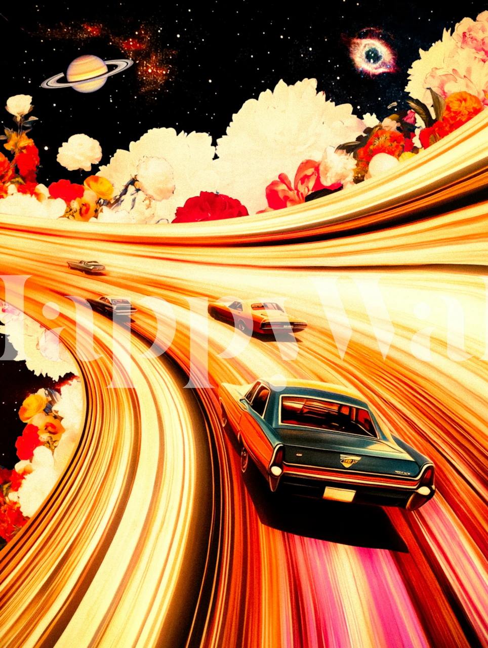 Colorful flower and car wallpaper in a room
