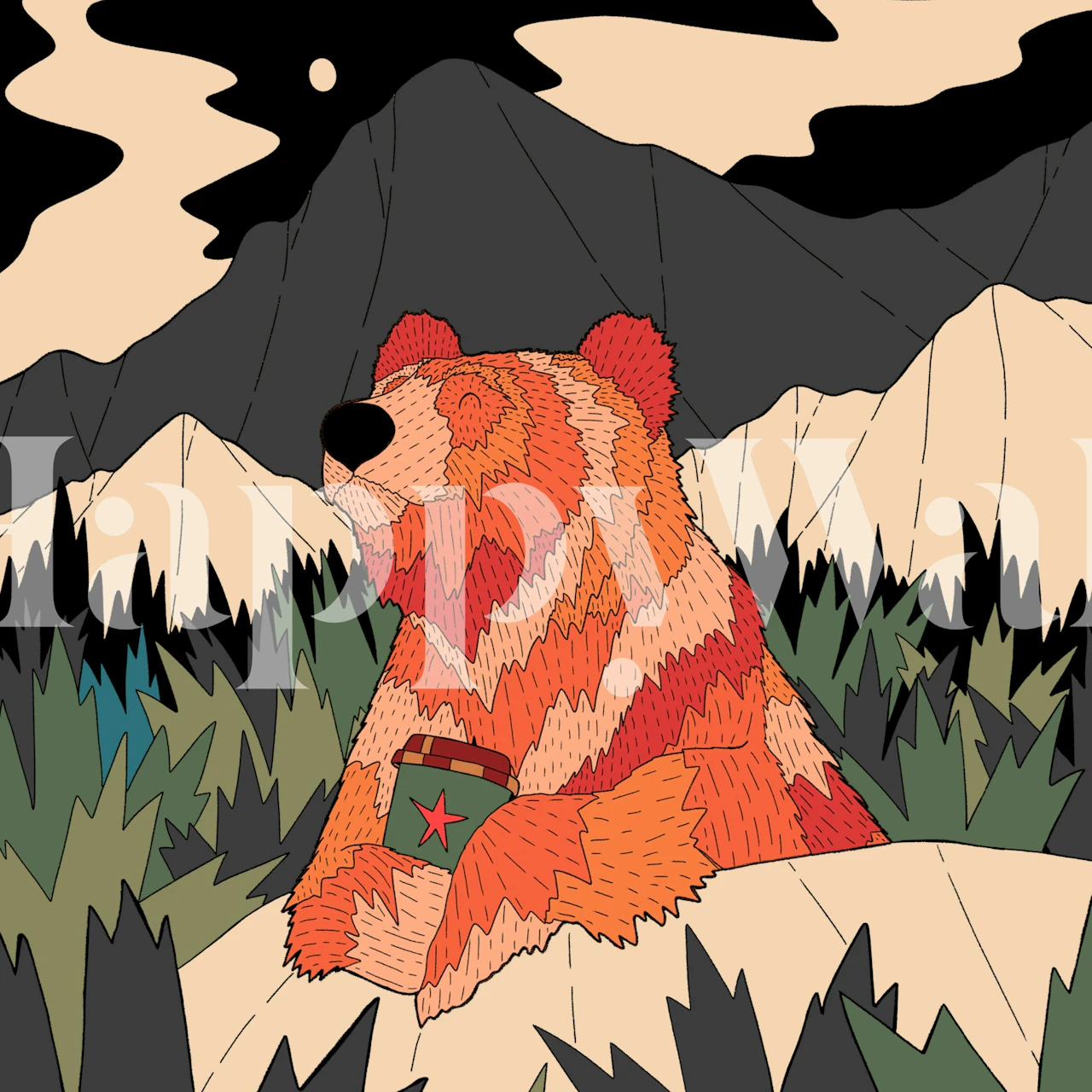 Colorful coffee bear wallpaper in a room