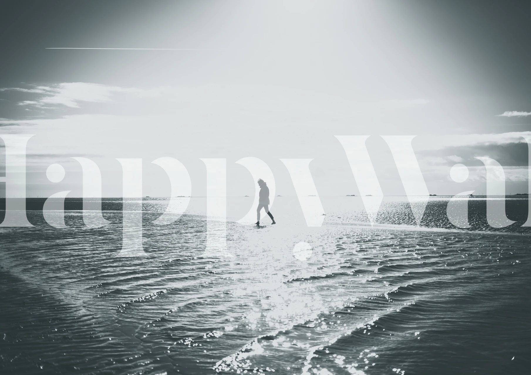Person walking on a wet beach at sunset, black and white wallpaper