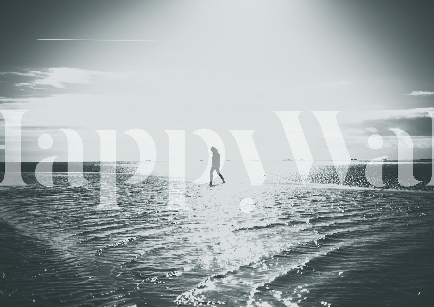Person walking on a wet beach at sunset, black and white wallpaper
