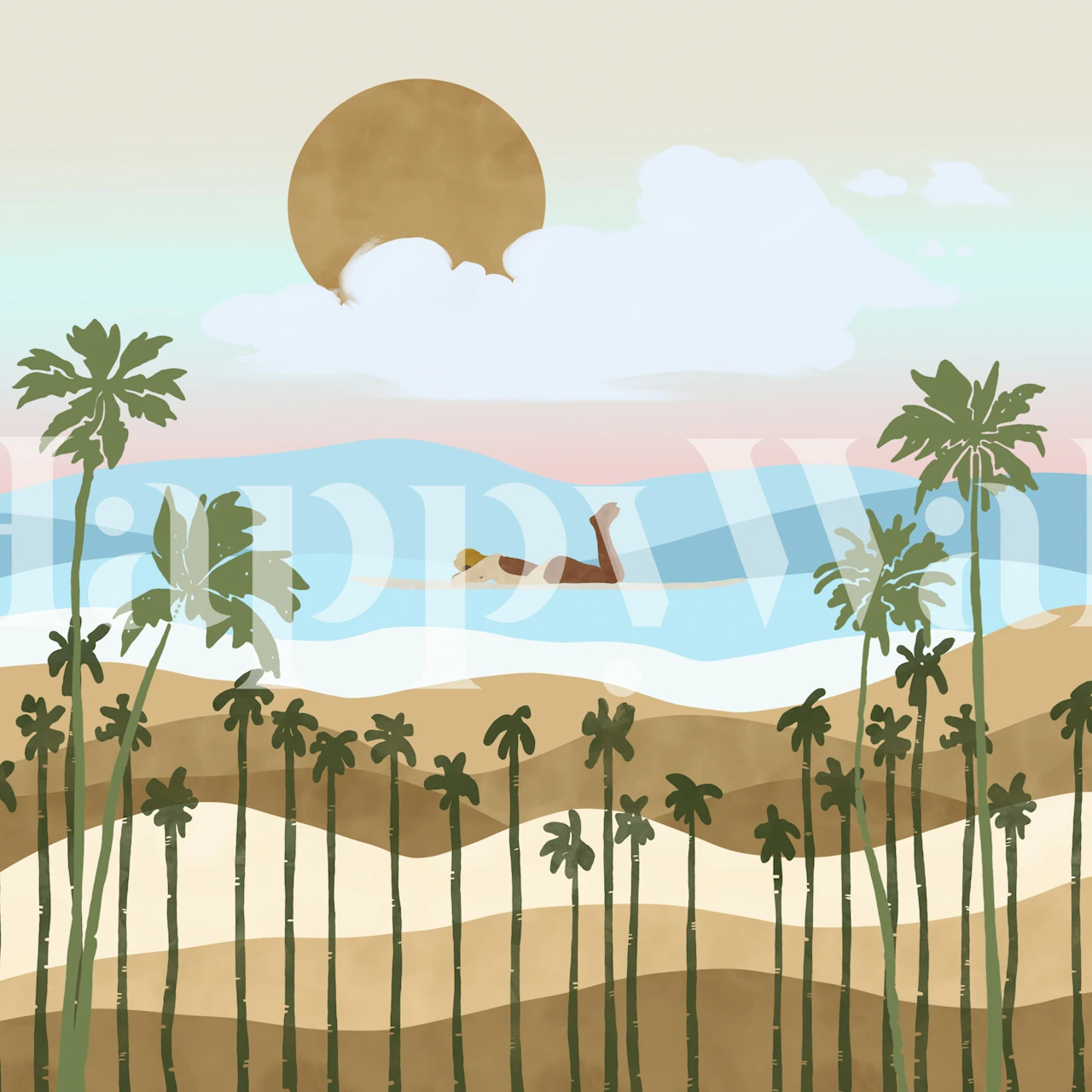 Tropical beach scene with palm trees and sunset colors wallpaper