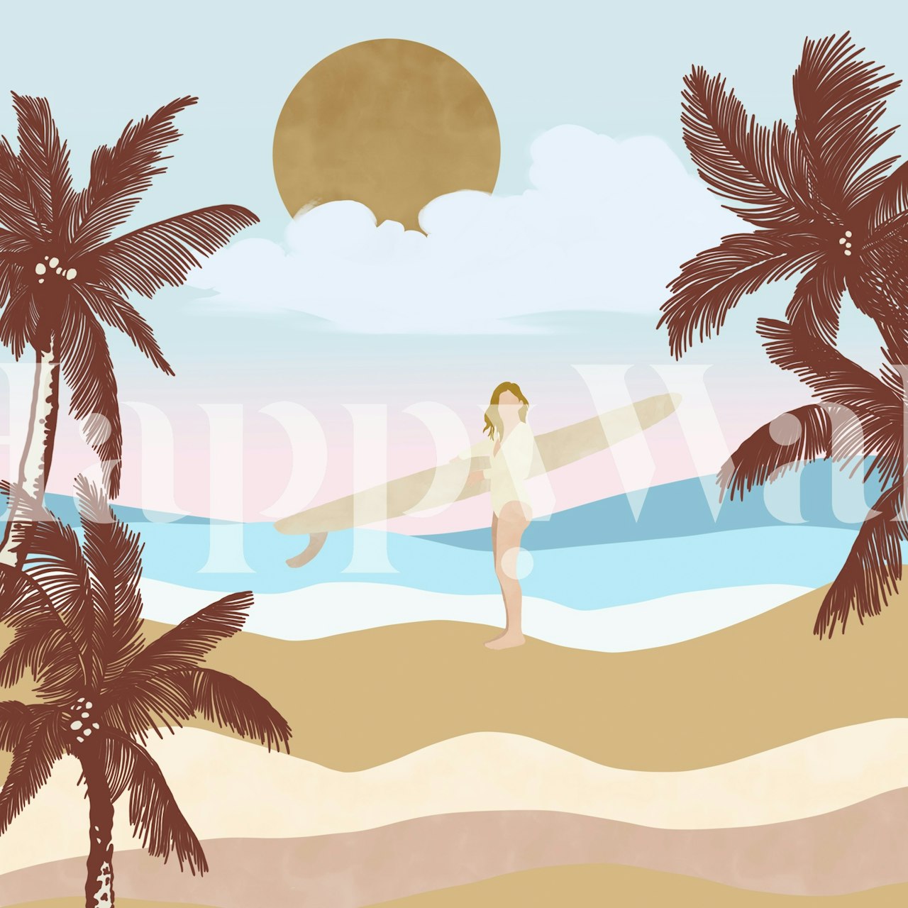 Sunset Surfer Beach wallpaper in a room