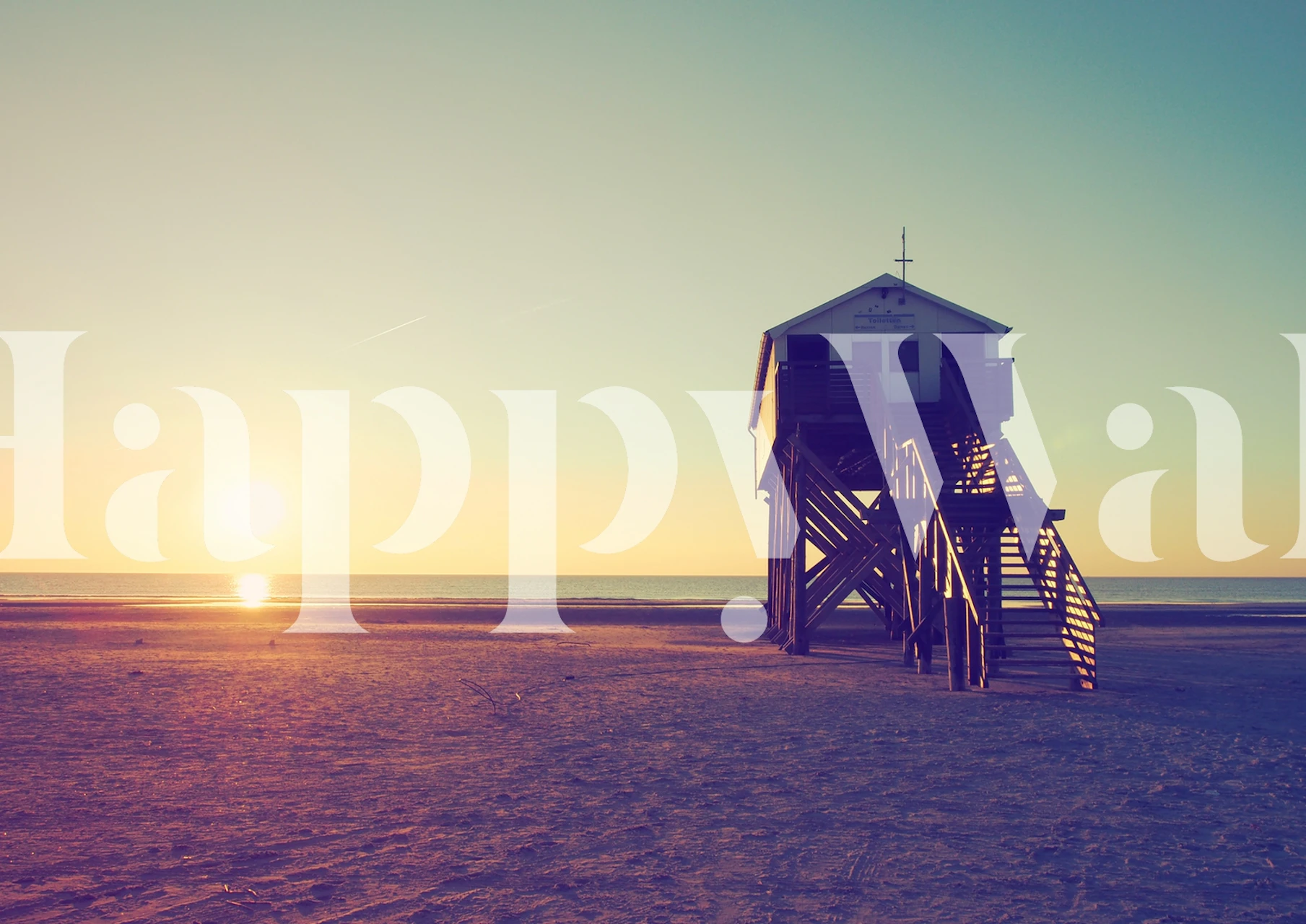 Papier peint mural coucher de soleil côtier avec silhouette de maison de plage