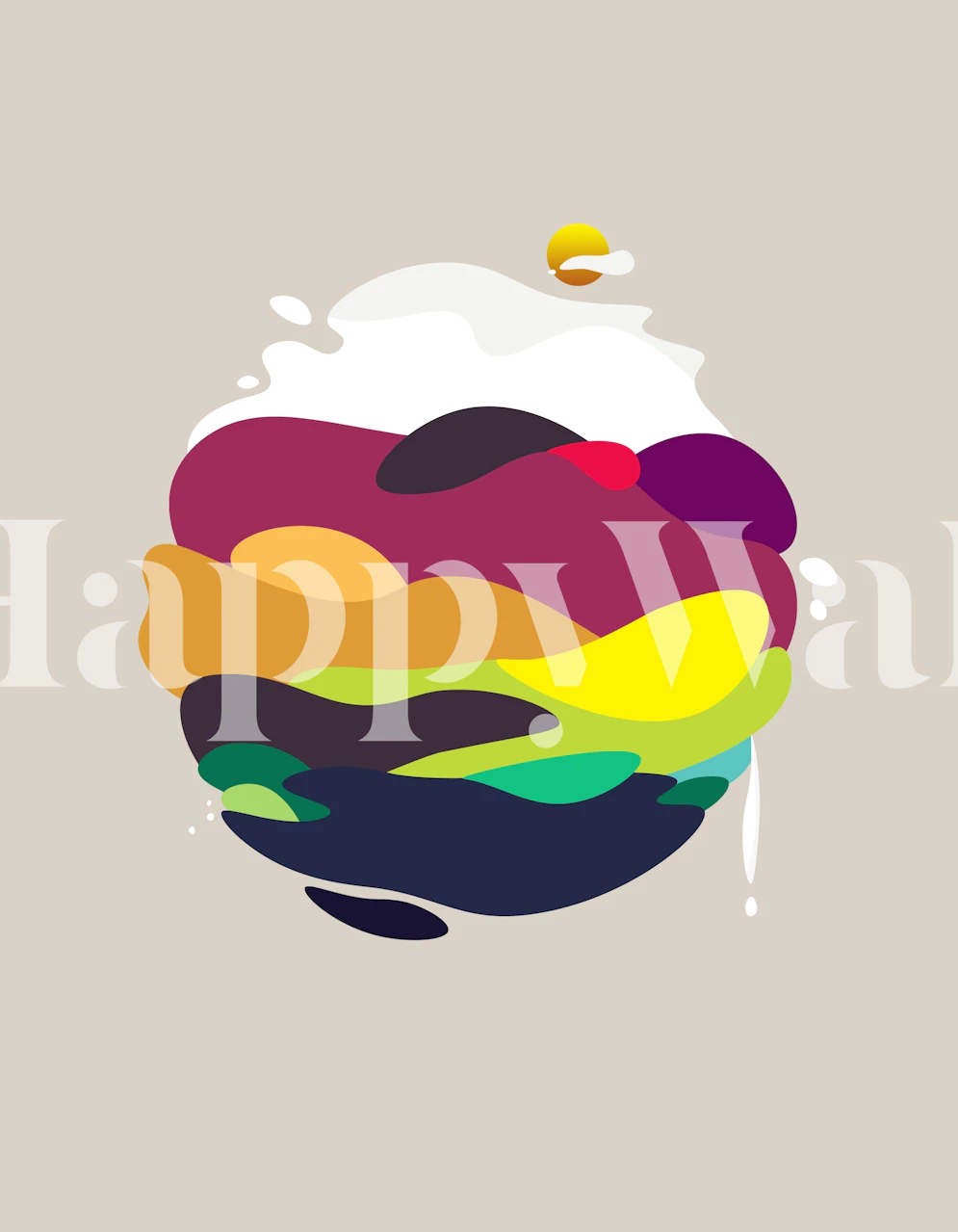 Colorful abstract shapes in vibrant colors on beige wallpaper