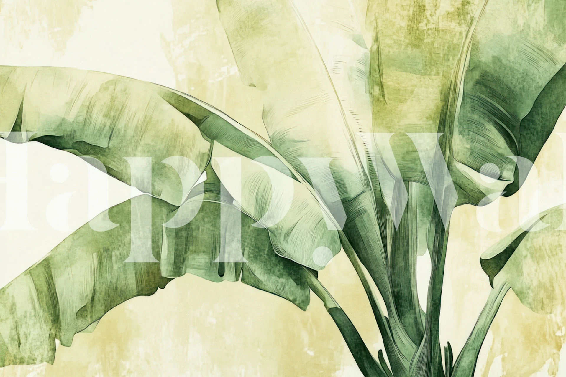 Tropical banana leaves design in hues of green and light yellow wallpaper