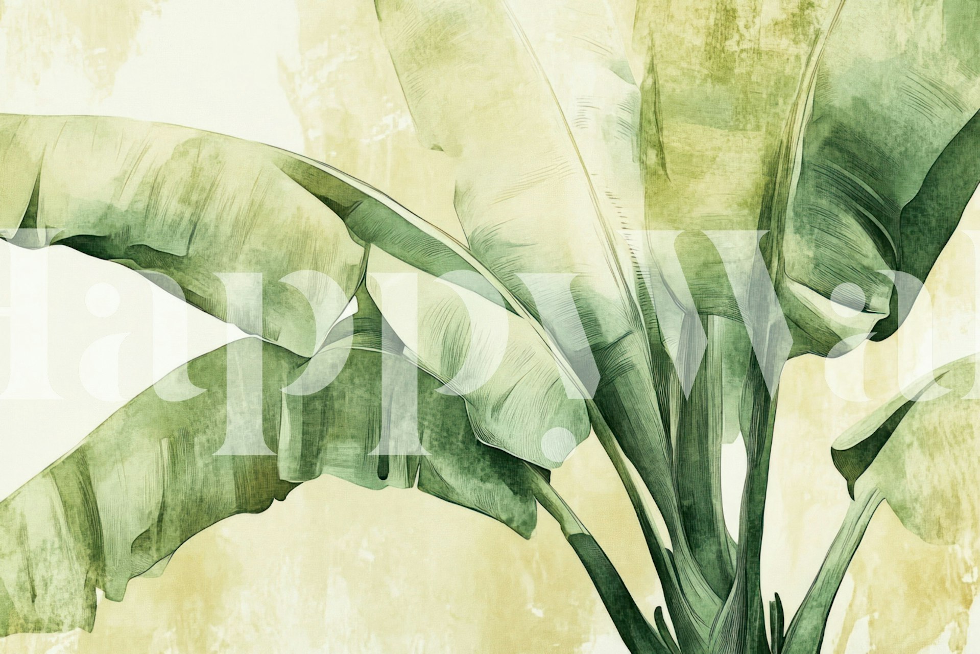 Tropical banana leaves design in hues of green and light yellow wallpaper