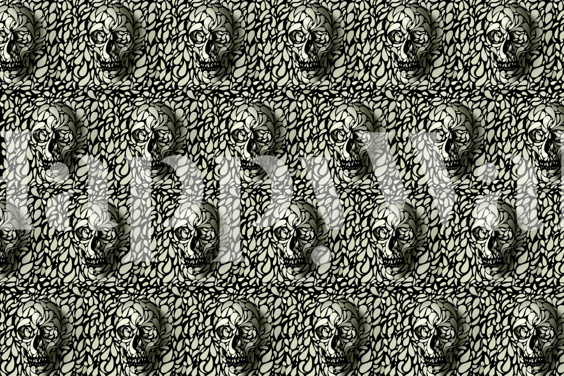 Black and white skull pattern wallpaper with intricate details