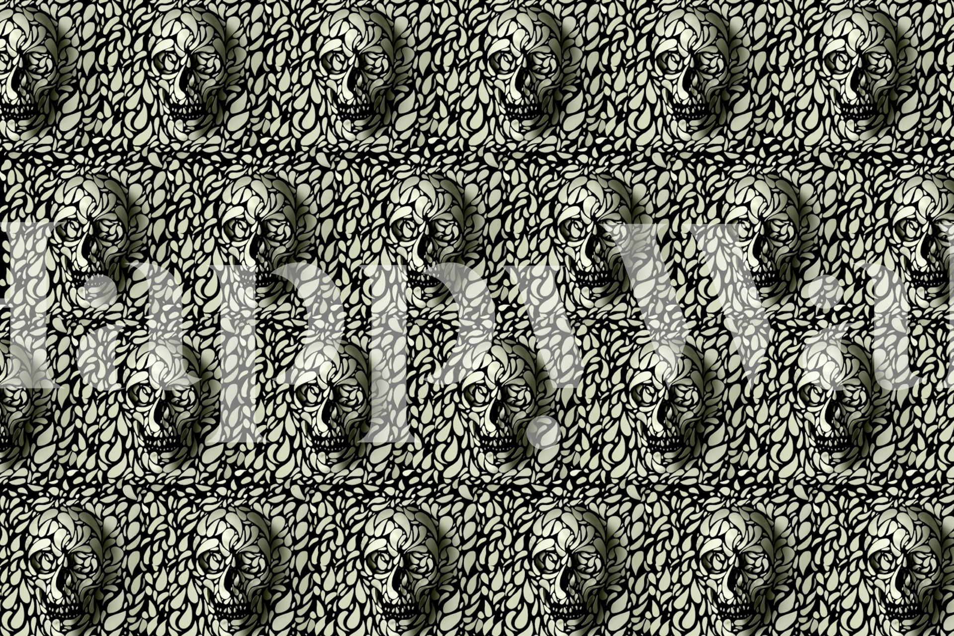 Black and white skull pattern wallpaper with intricate details