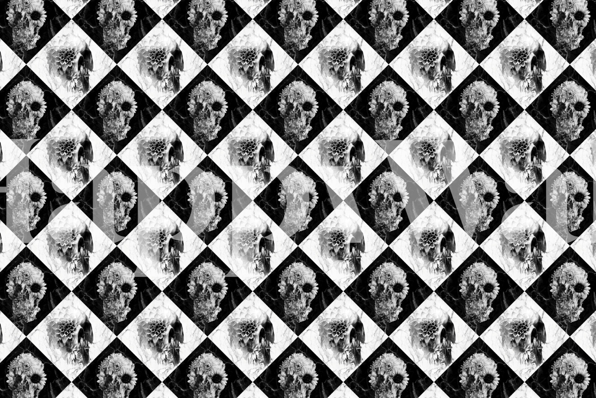 Black and white checker pattern with skull motifs wallpaper