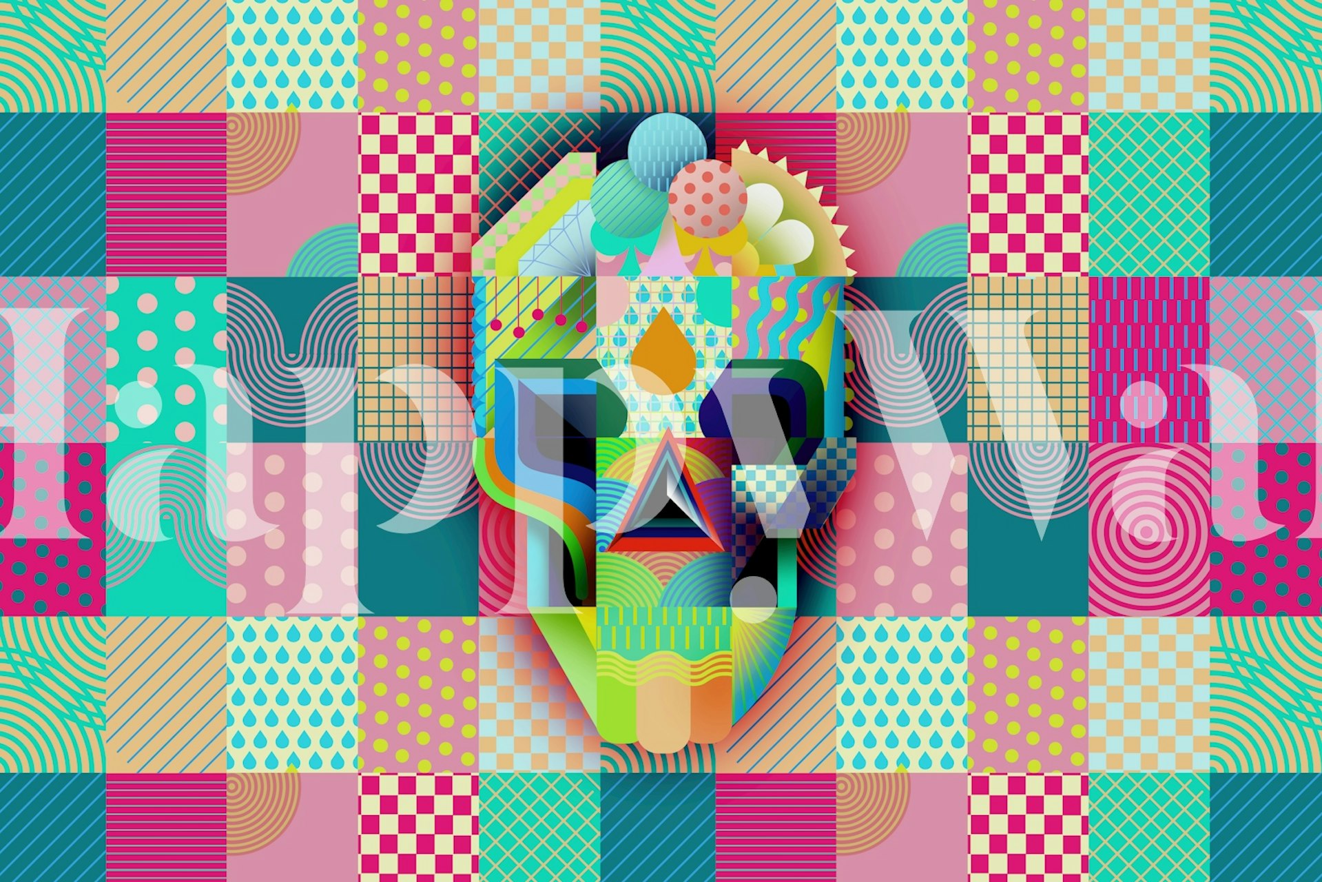 Colorful skull design with geometric patterns in bright colors wallpaper