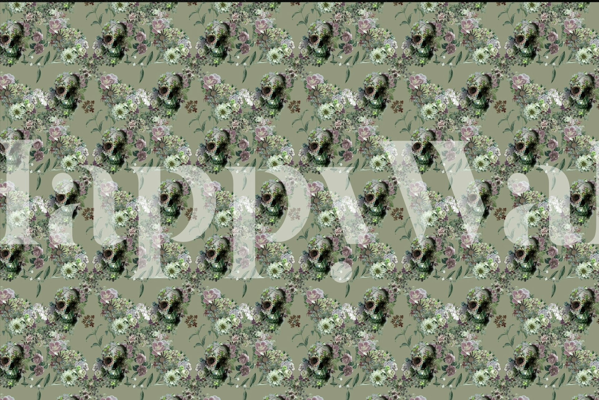Floral skull pattern with green background wallpaper