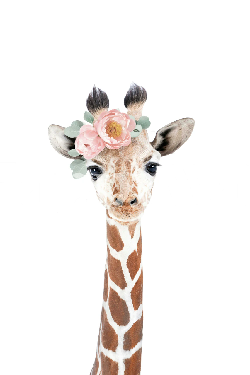 Giraffe with flower crown on its head, colorful and whimsical wallpaper