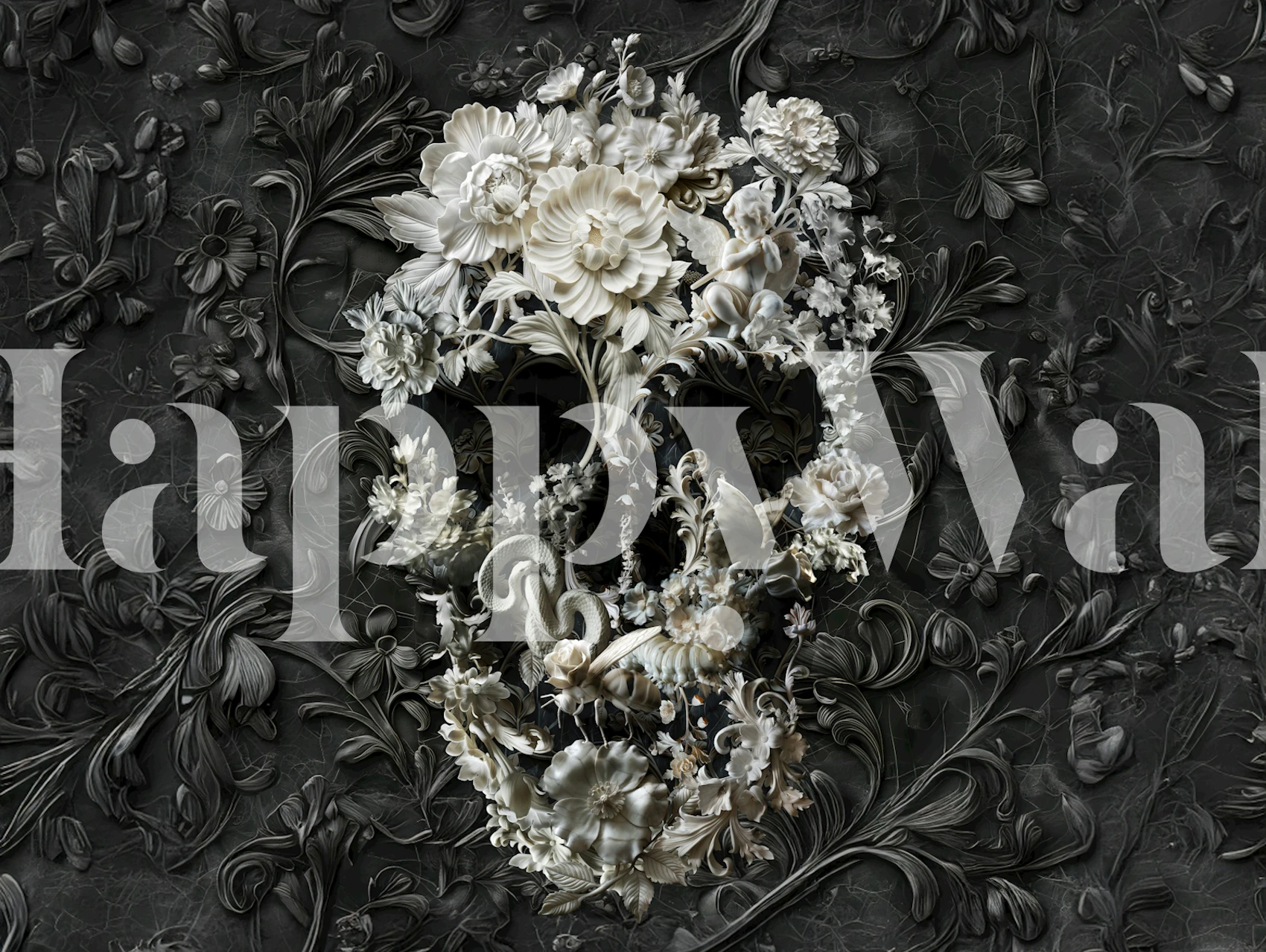 Floral skull design with intricate white flowers on a black background wallpaper