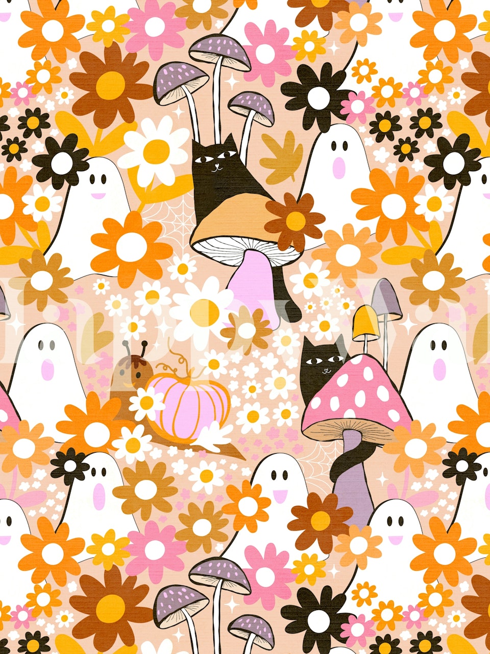 Cats and ghosts among colorful flowers and mushrooms wallpaper
