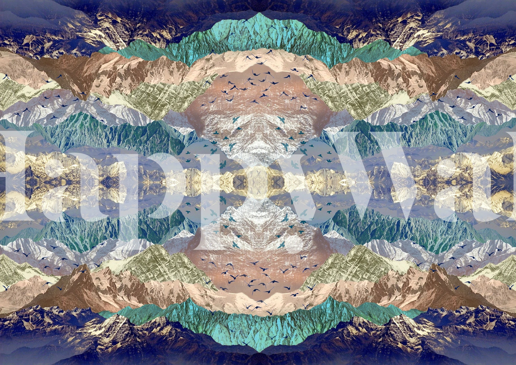 Mountain landscape in blue, green, beige, and brown colors wallpaper