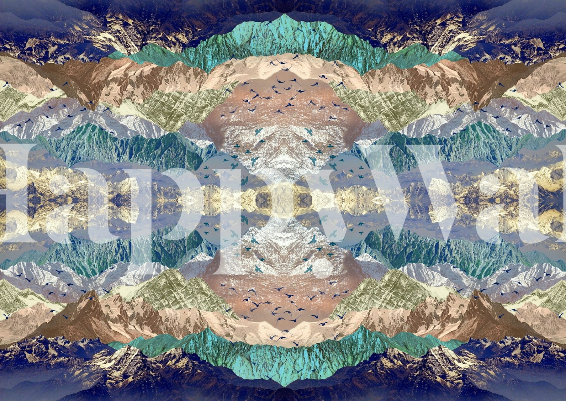 Mountain landscape in blue, green, beige, and brown colors wallpaper