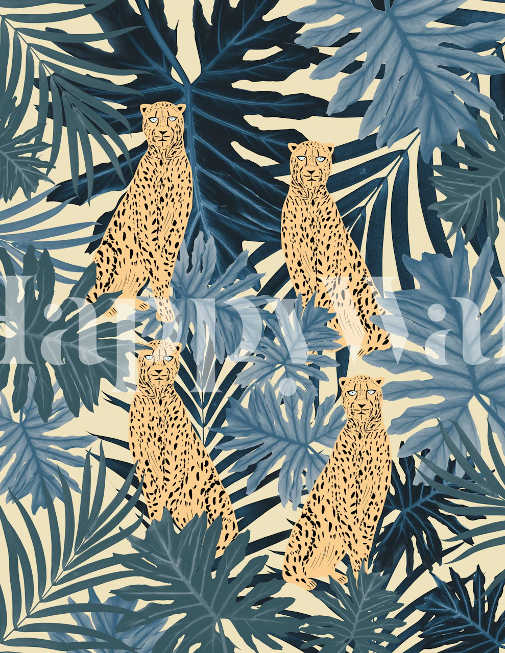 Leopard and palm leaves pattern in blue and beige wallpaper