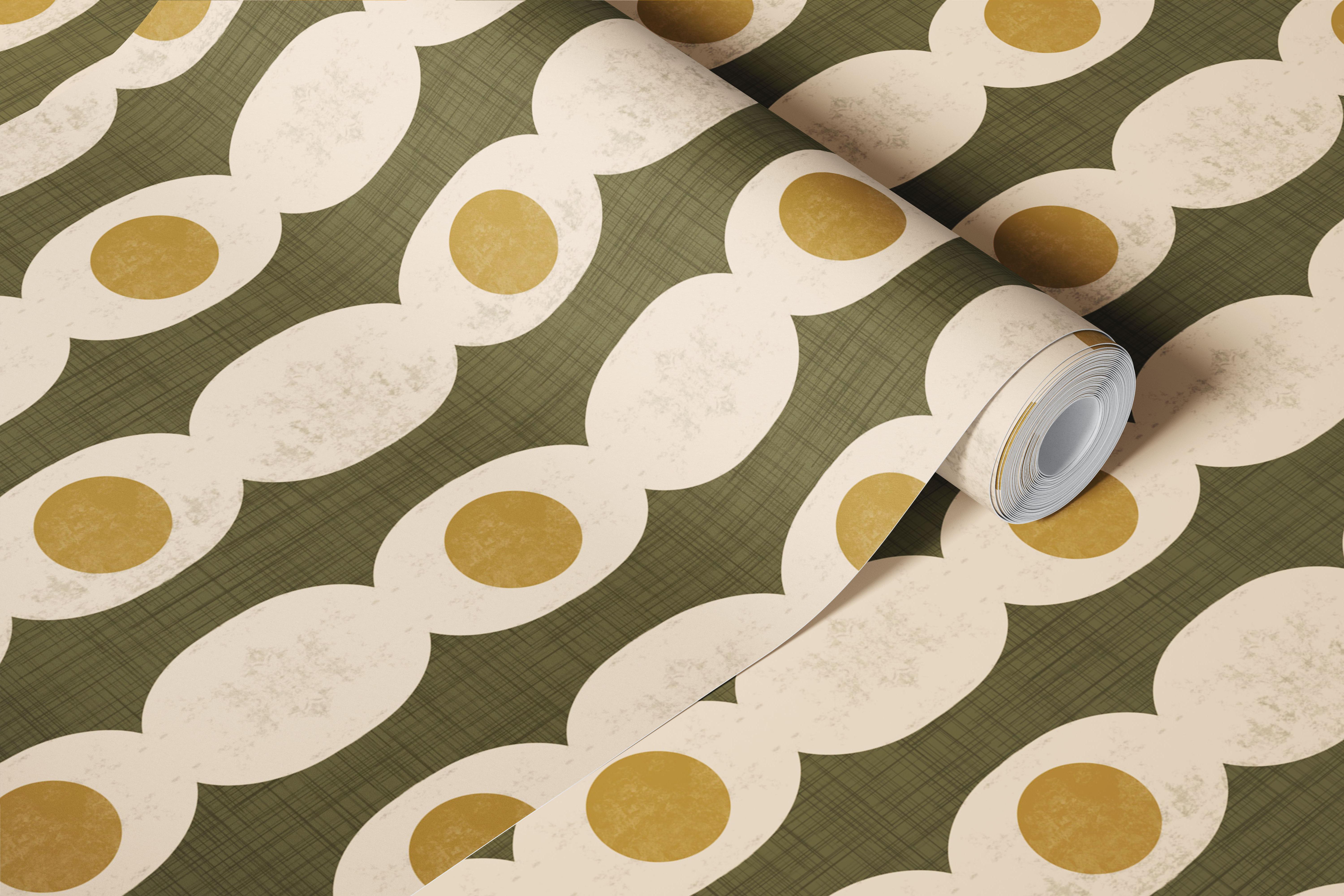 Retro mod olive geometric wallpaper in a room