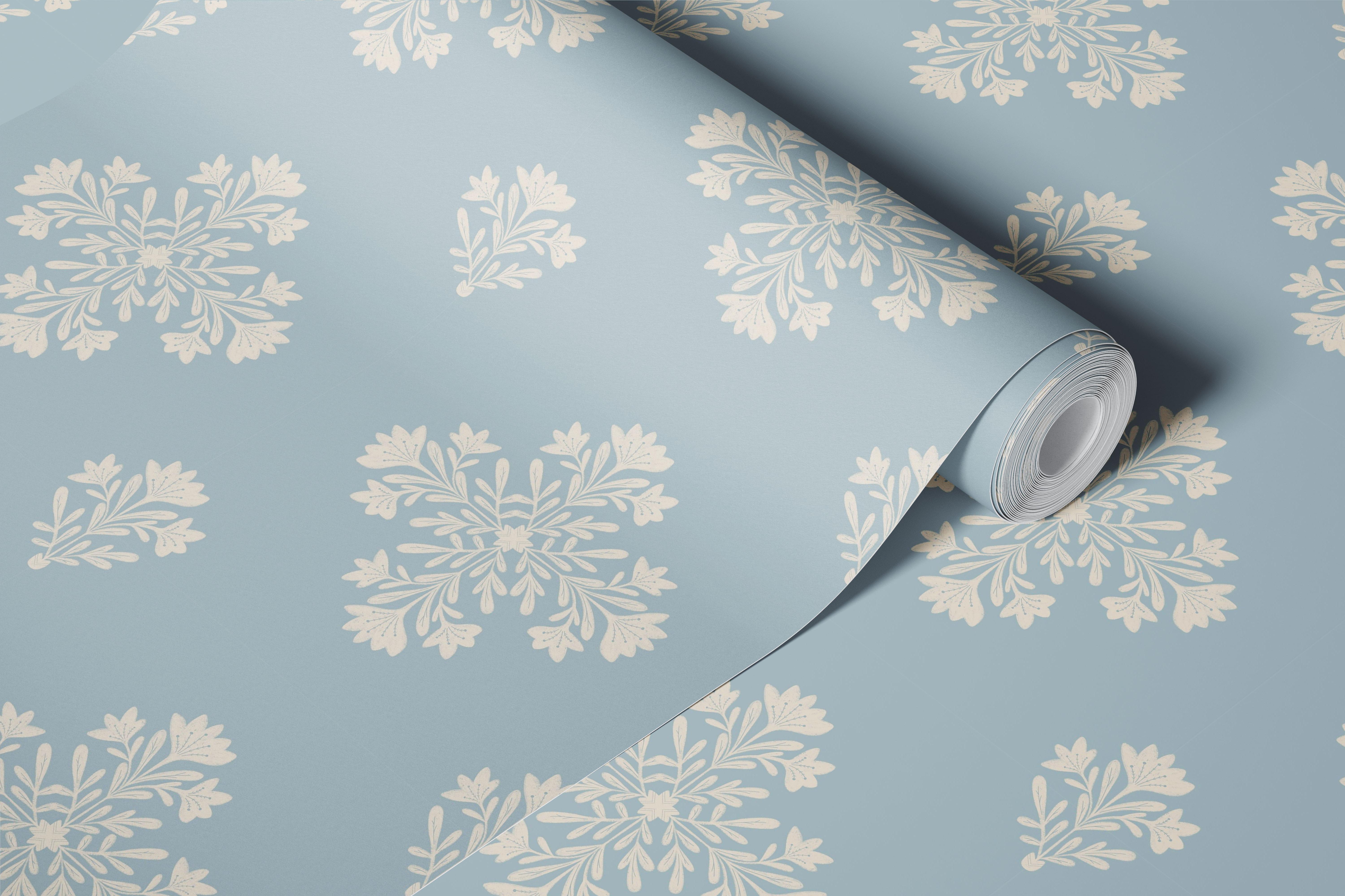 Botanical snowflake wallpaper in a blue room