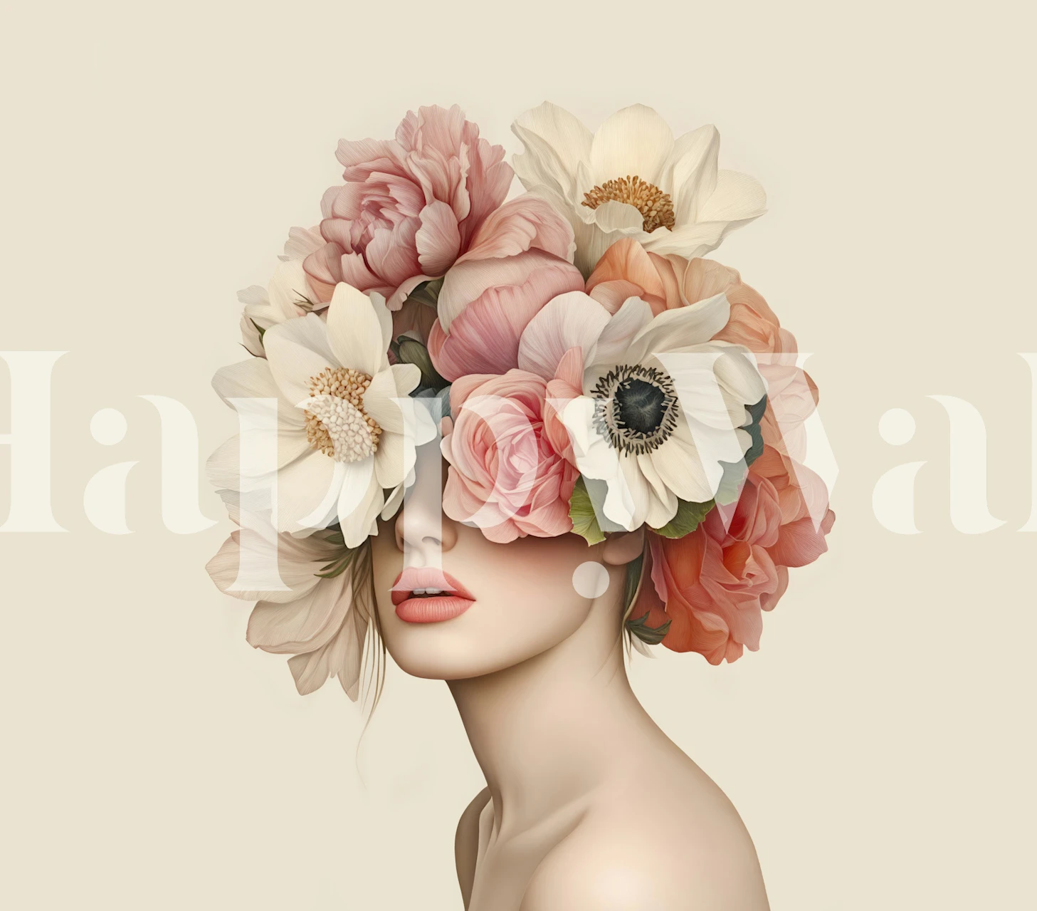 Woman surrounded by soft pink, white, and peach flowers wallpaper