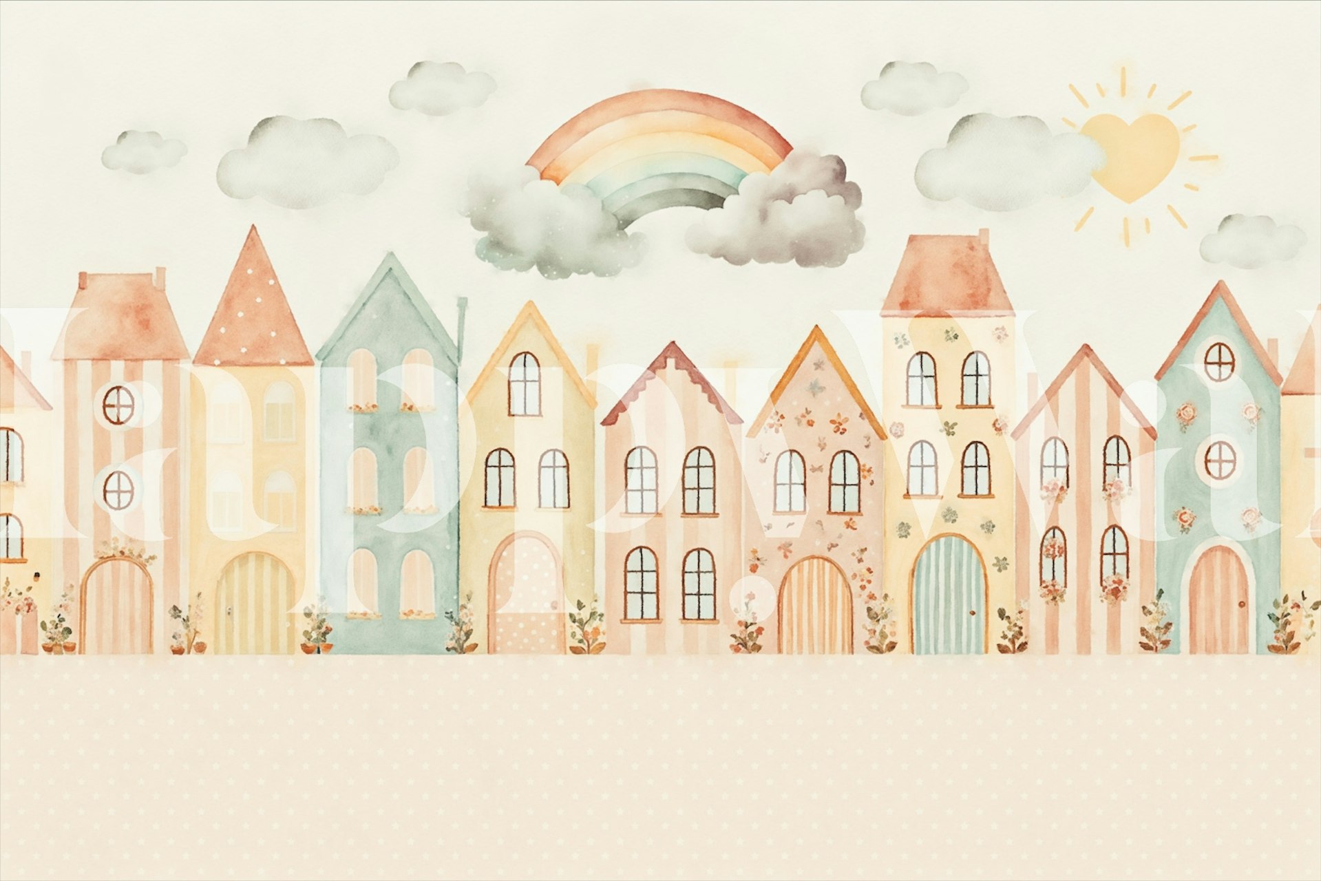 Whimsical houses in warm tones with rainbow and clouds wallpaper
