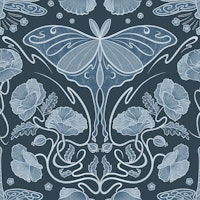 Art Nouveau Poppies, Luna moth - blue ταπετσαρία