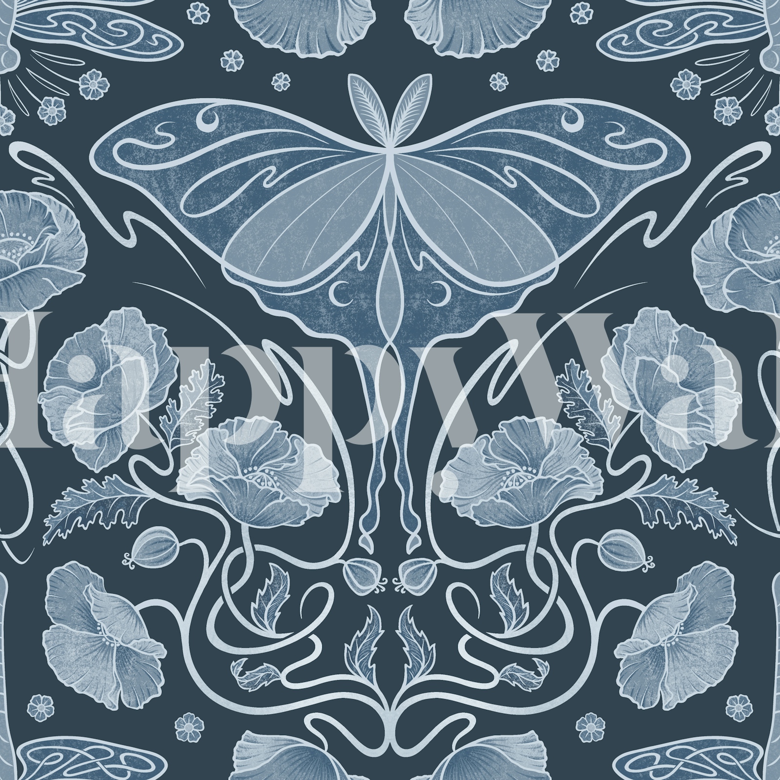 Art Nouveau Poppy and Luna Moth Blue Wallpaper