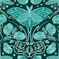 Art Nouveau Poppies, Luna moth - teal ταπετσαρία