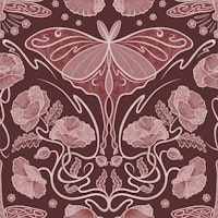 Art Nouveau Poppies, Luna moth - burgundy ταπετσαρία