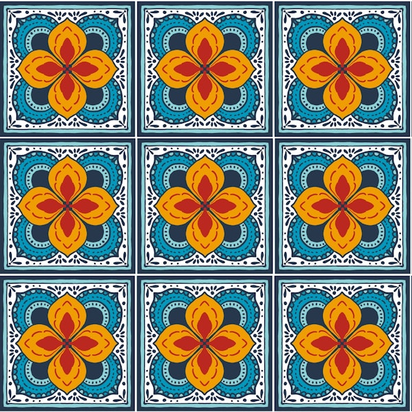Talavera inspired tiles, orange,blue,white