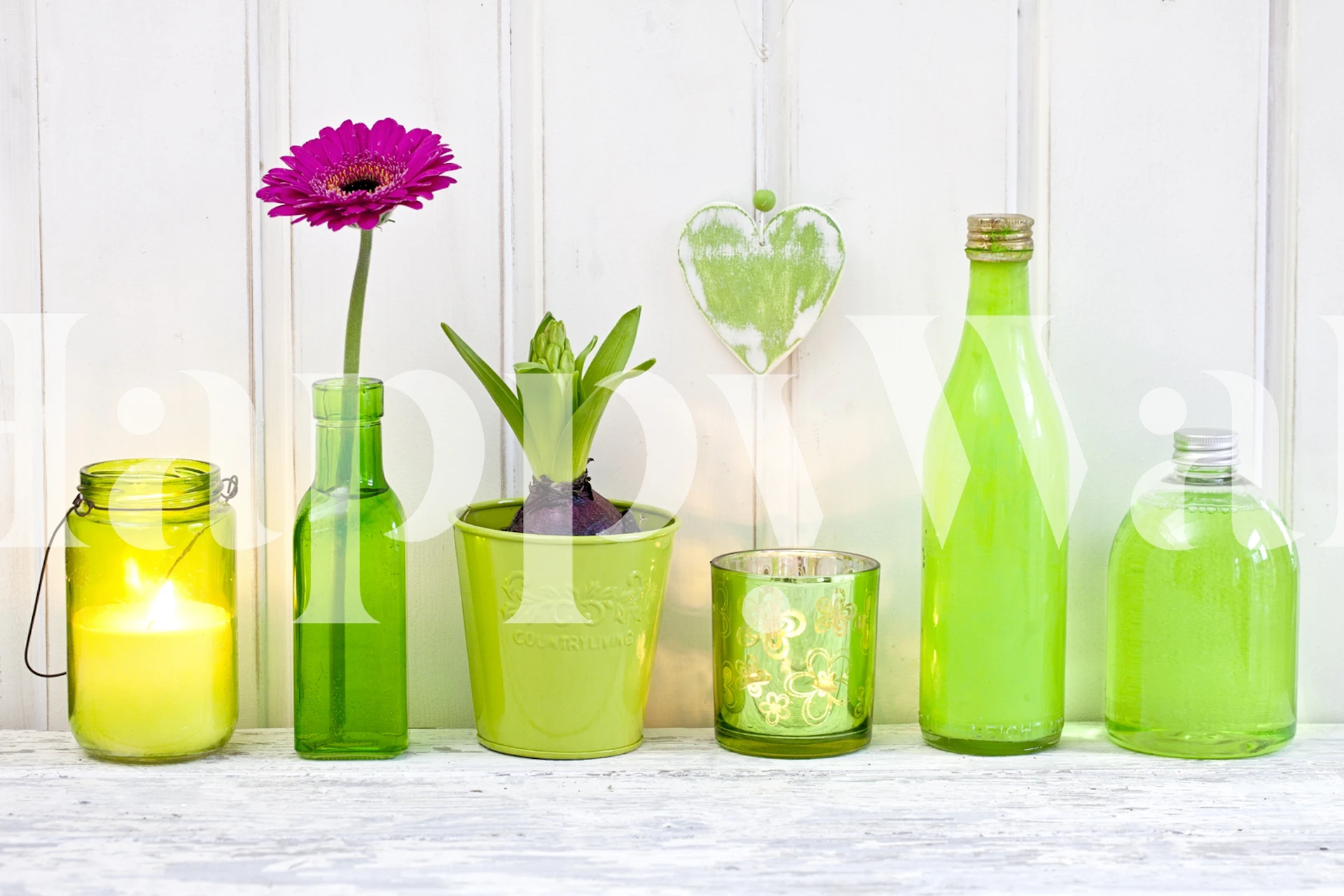 Green still life wallpaper featuring green bottles and flowers
