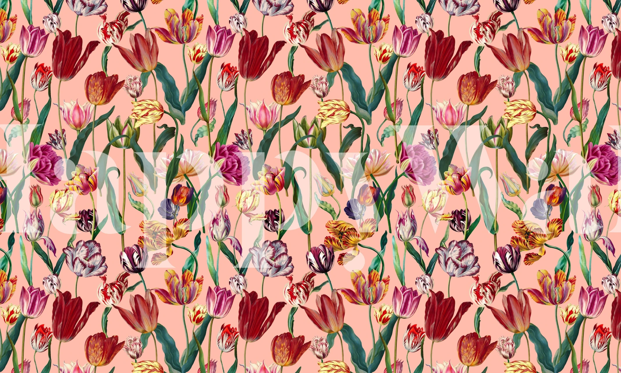 Papel de parede floral com tulipas coloridas em um quarto