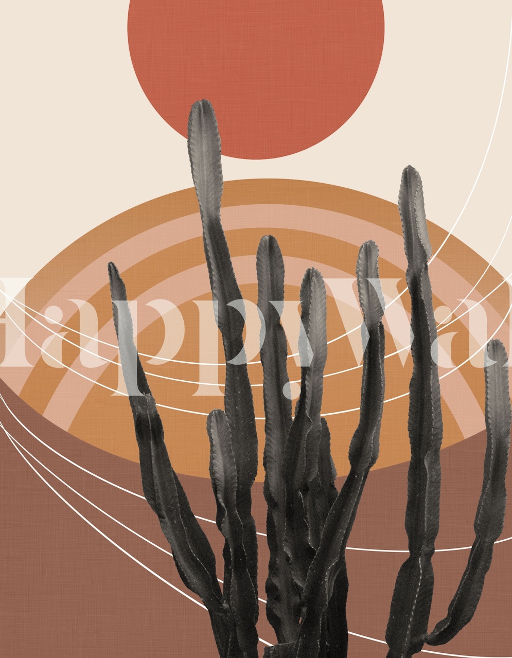 Cactus silhouette with circles and earthy tones wallpaper